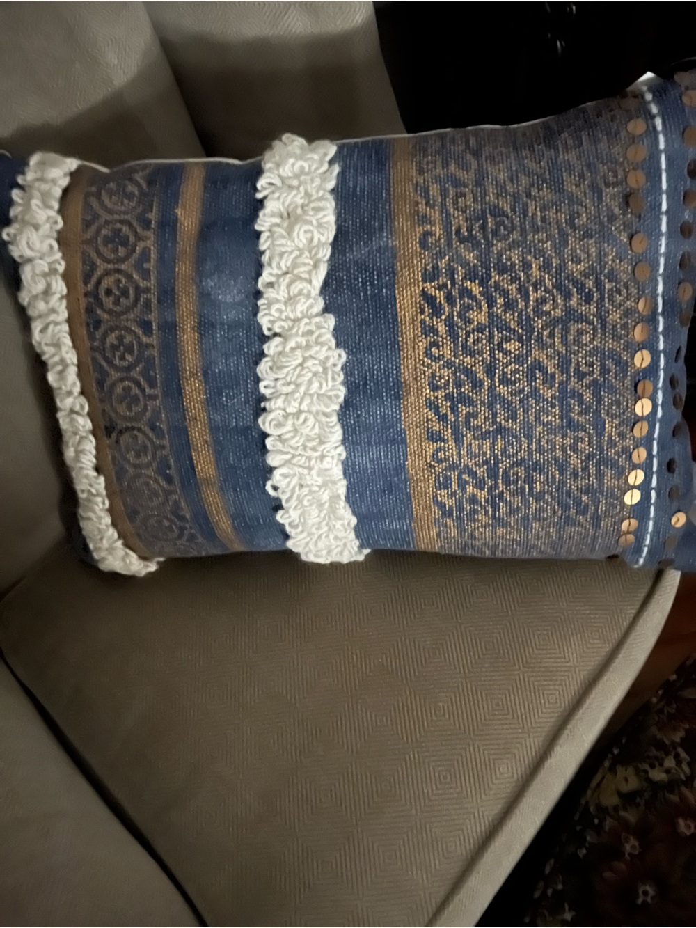 Blue and Gold Decorative Lumbar Pillow with White Trim-NWT